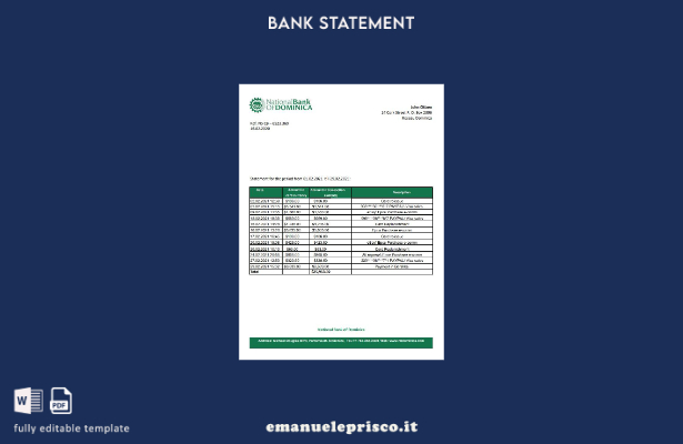 modello excel di estratto conto della Banca nazionale della Dominica in stile ve